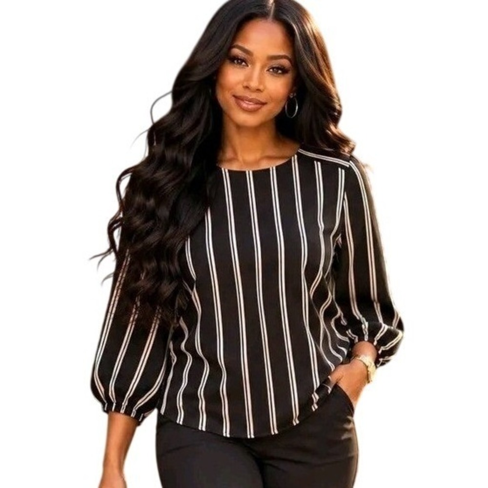 Adrianna Papell Pink Ivory Stripe Balloon Sleeve Blouse Large